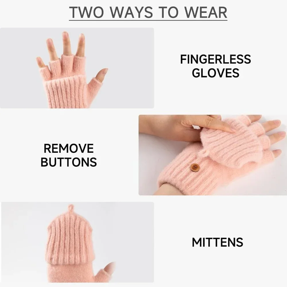 Women's Winter Warm Mittens Knitted Pink Gloves Fingerless Button Closure